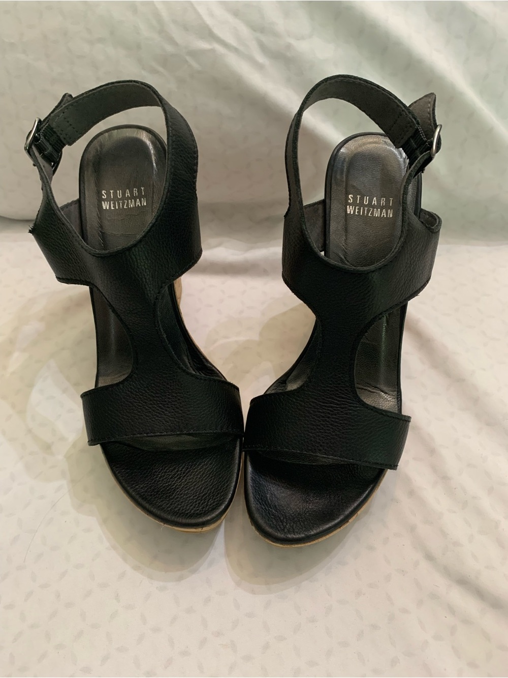 Stuart Weitzman Black Leather Cutout Wedge Sandals